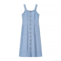 Women's Summer Light Blue Denim Style A-Line Midi Dress Adjustable Spaghetti Straps Single-Breasted Dress With Pockets Back Zipper 100% Polyester Casual Vacation Streetwear Dress For Women