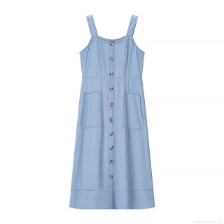 Women's Summer Light Blue Denim Style A-Line Midi Dress Adjustable Spaghetti Straps Single-Breasted Dress With Pockets Back Zipper 100% Polyester Casual Vacation Streetwear Dress For Women