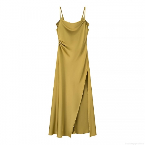 Women Sexy Satin Cowl Neck Slip Dress Summer Elegant Backless Side Slit Midi Party Camisole Dress For Women Vacation Wedding Guest Gown