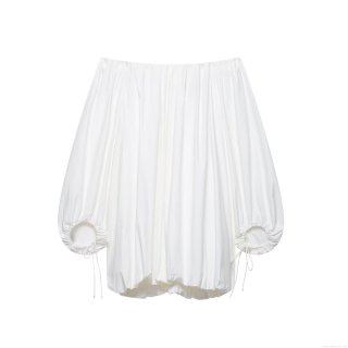 Women's Sexy Off-Shoulder Pleated Mini Dress Summer White Long Bubble Sleeve Drawstring Polyester Woven Party Club Outfits