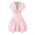 Women's Sweet Pink Gingham V-Neck Mini Dress Cotton Lace Trim Puff Sleeve Bow A-Line Summer Retro Street Style Holiday Dress for Women