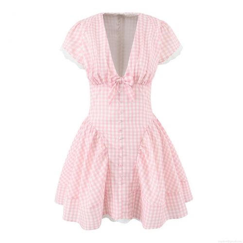 Women's Sweet Pink Gingham V-Neck Mini Dress Cotton Lace Trim Puff Sleeve Bow A-Line Summer Retro Street Style Holiday Dress for Women