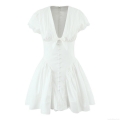 Women's Fashion White Cotton Lace Splicing V-Neck Dress With Bow and Buttons Short Sleeve Slim Fit Summer Mini Dress For Party Dating