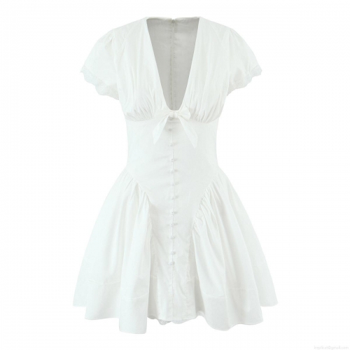 Women's Fashion White Cotton Lace Splicing V-Neck Dress With Bow and Buttons Short Sleeve Slim Fit Summer Mini Dress For Party Dating