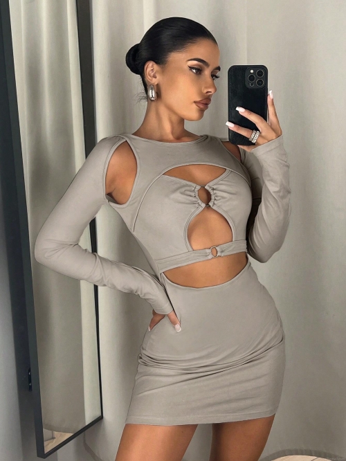 Women Sexy Cutout Mini Dress Long Sleeve Bodycon Dress Polyester Spandex Milk Silk Slim Fit Clubwear Party Dress with Metal Ring Detail