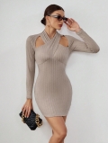 Women Sexy Halter Hollow Out Knit Mini Dress Cotton Polyester Blend Long Sleeve Cross Neck Bodycon Party Dress Ribbed Slim Fit Short Dress