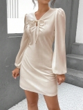 Elegant Puff Sleeve V Neck Mini Dress Women Sexy Ruched Drawstring Hollow Out A-Line Polyester Spandex Short Dress For Party Dating Clubwear