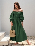 Women's 100% Cotton Off Shoulder Maxi Dress Retro Bohemian Shirred Bust Lantern Sleeve A-Line Long Swing Sun Dress For Vacation Beach Party