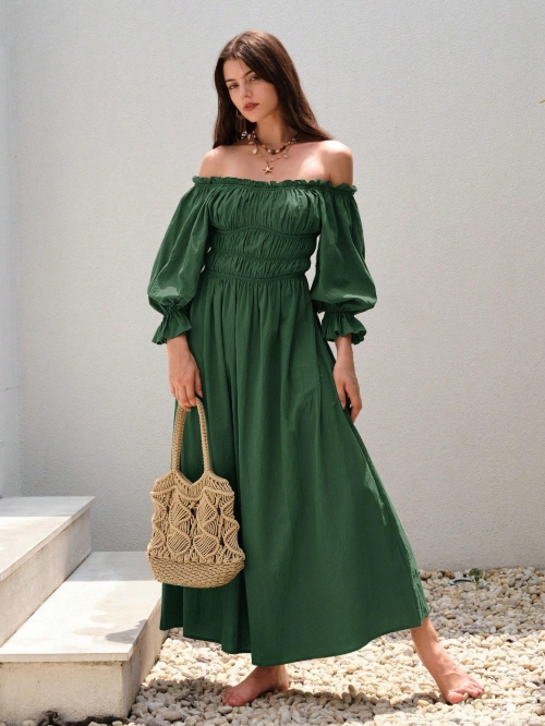 Women's 100% Cotton Off Shoulder Maxi Dress Retro Bohemian Shirred Bust Lantern Sleeve A-Line Long Swing Sun Dress For Vacation Beach Party