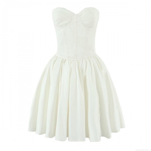 Women's Sexy Bandeau Corset Mini Dress 100% Cotton Back Lace-up Bubble Skirt Sleeveless Scalloped Lace Trim Solid Color Summer Party Streetwear