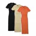 Women's Summer Knit Midi Dress Short Sleeve Polo Collar Hollow Out Bodycon Solid Color Streetwear Sexy Lapel Knit Dress