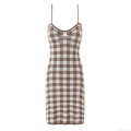 Women's Summer Backless Plaid Knit Camisole Dress Gingham Bow Detail Mini Bodycon Dresses Streetwear Sexy Sleeveless Party Outfits
