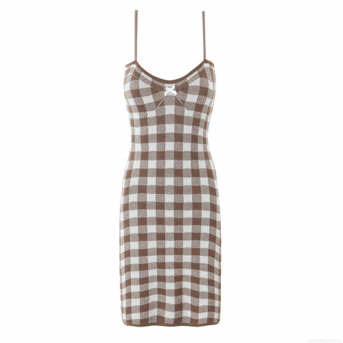 Women's Summer Backless Plaid Knit Camisole Dress Gingham Bow Detail Mini Bodycon Dresses Streetwear Sexy Sleeveless Party Outfits