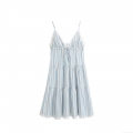 Women's Blue White Striped Spaghetti Strap Mini Dress V Neck Lace Tiered Ruffle Hem A-Line Cami Cotton Sun Dress For Summer Beach Vacation Party