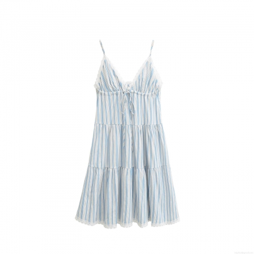 Women's Blue White Striped Spaghetti Strap Mini Dress V Neck Lace Tiered Ruffle Hem A-Line Cami Cotton Sun Dress For Summer Beach Vacation Party