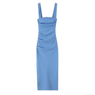 Women's Sexy Spaghetti Strap Ruched Midi Dress Square Neck Side Slit Bodycon Party Dress Royal Blue Solid Polyester Summer Sleeveless Streetwear Clubwear Cami Long Dress