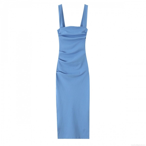 Women's Sexy Spaghetti Strap Ruched Midi Dress Square Neck Side Slit Bodycon Party Dress Royal Blue Solid Polyester Summer Sleeveless Streetwear Clubwear Cami Long Dress