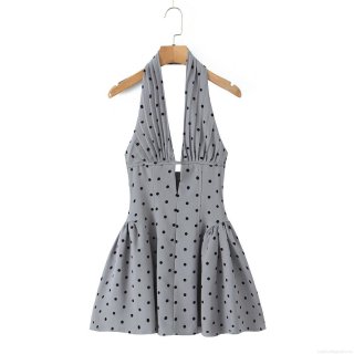 Women's Retro Polka Dot Halter Mini Dress Sexy Backless Hollow Out A-Line Summer Sundress Polyester Sleeveless Party Vacation Dress