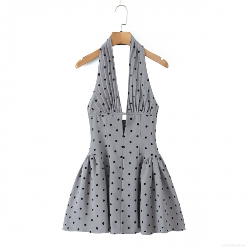 Women's Retro Polka Dot Halter Mini Dress Sexy Backless Hollow Out A-Line Summer Sundress Polyester Sleeveless Party Vacation Dress