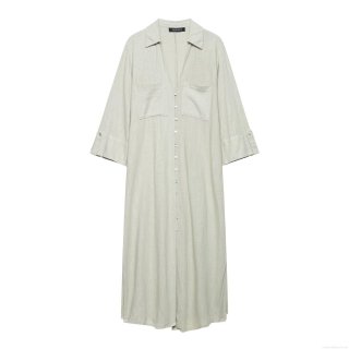 Women's Casual Cotton Linen Texture Shirt Dress Single Breasted Pockets Lapel Long Sleeve Midi Maxi Dress Elegant Solid Sage Green Button Down Loose Dress