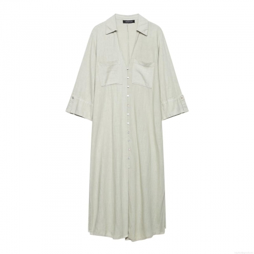 Women's Casual Cotton Linen Texture Shirt Dress Single Breasted Pockets Lapel Long Sleeve Midi Maxi Dress Elegant Solid Sage Green Button Down Loose Dress