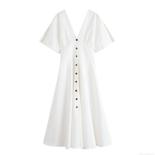 Women's Summer V Neck Short Sleeve Button Down A-Line Midi Dress Elegant High Waist Solid Color Polyester Casual Vacation Party Chic Dress