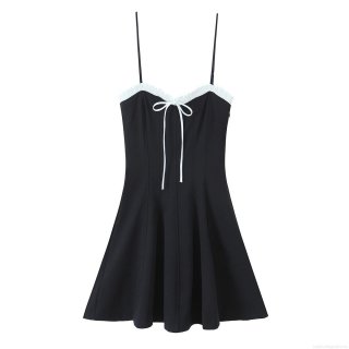Women's Contrast Color Spaghetti Strap Mini Dress With Bow Trim Sexy V-Neck Sleeveless A-Line Summer Slim Fit Polyester Short Dress For Party Clubwear