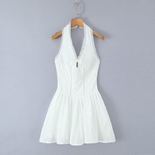 Women's Sexy Backless Halter Neck Lace Dress Elegant Floral Embroidery Sleeveless Deep V Neck Mini Dress For Summer Beach Party Vacation