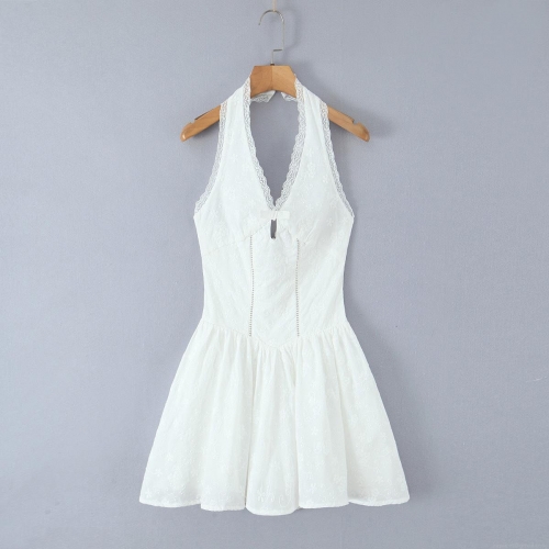 Women's Sexy Backless Halter Neck Lace Dress Elegant Floral Embroidery Sleeveless Deep V Neck Mini Dress For Summer Beach Party Vacation