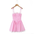 Women's Pink Gingham Dress Lace Patchwork Backless Camisole Mini Dress Sweet Bow Straps A-Line Party Sundress Polyester Streetwear Summer Clothing