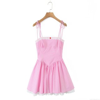 Women's Pink Gingham Dress Lace Patchwork Backless Camisole Mini Dress Sweet Bow Straps A-Line Party Sundress Polyester Streetwear Summer Clothing