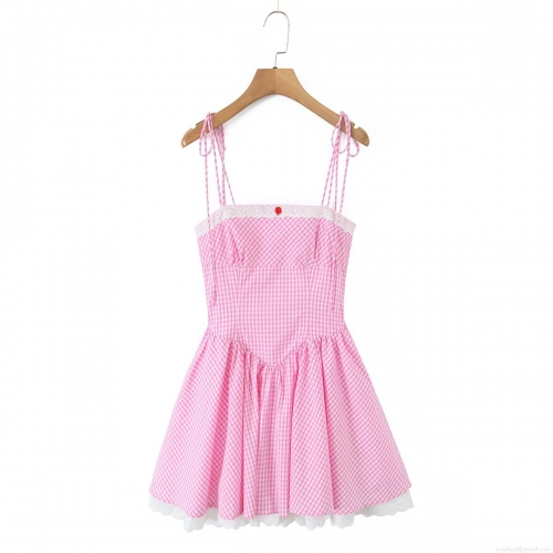 Women's Pink Gingham Dress Lace Patchwork Backless Camisole Mini Dress Sweet Bow Straps A-Line Party Sundress Polyester Streetwear Summer Clothing