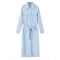 Women's Polyester Lapel Collar Shirt Dress With Belt Solid Color Long Sleeve Button Down Midi Dress Casual Streetwear Style For Lady Light Blue Dress