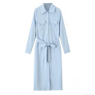 Women's Polyester Lapel Collar Shirt Dress With Belt Solid Color Long Sleeve Button Down Midi Dress Casual Streetwear Style For Lady Light Blue Dress