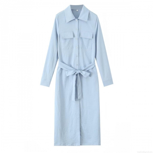 Women's Polyester Lapel Collar Shirt Dress With Belt Solid Color Long Sleeve Button Down Midi Dress Casual Streetwear Style For Lady Light Blue Dress