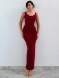 Women Sexy Red Velvet Backless Bodycon Maxi Dress Elegant Ruched Criss Cross Sleeveless Evening Party Gown For Club Cocktail Wedding Guest