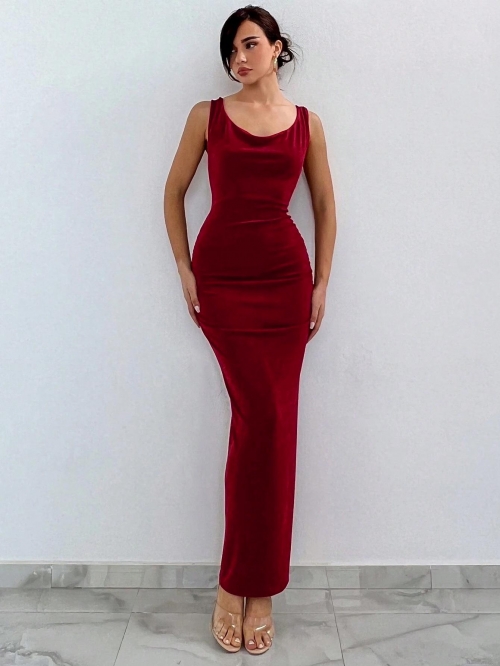 Women Sexy Red Velvet Backless Bodycon Maxi Dress Elegant Ruched Criss Cross Sleeveless Evening Party Gown For Club Cocktail Wedding Guest