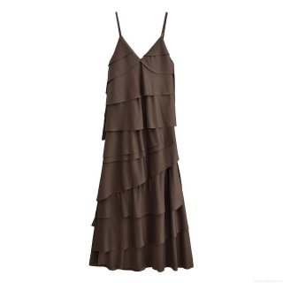 Women Summer V Neck Backless Tiered Maxi Suspender Dress 100% Polyester Solid Coffee Brown Layered Cake Dresses For Vacation Party Streetwear
