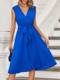 Elegant V-Neck Sleeveless Midi Dress 100% Polyester Waist Tie A-Line Summer Vacation Party Solid Color Slim Fit Dress For Women