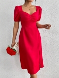 Women's French Vintage Red Puff Sleeve Midi Dress Elegant Square Neck Pleated Bust Side Slit Slim Fit A-Line 100% Polyester Dress For Valentine's Day Wedding Party Dating