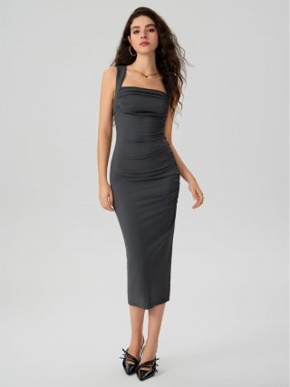 Women's Ribbed Knit Bodycon Midi Dress Sleeveless Square Neck Ruched Side Elegant Sexy Tight Pencil Dress For Party Club Night 95% Polyester 5% Elastane Blend