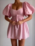 Women's Pink 100% Cotton Mini Dress Puff Sleeve V-Neck Ruched Bust Slim Fit High Waist A-Line Sexy Summer Casual Party Sundress