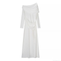 Elegant Women Off Shoulder Asymmetric Ruched Maxi Dress Sexy Long Sleeve Bodycon Polyester Evening Party Streetwear Solid Color White Long Dress