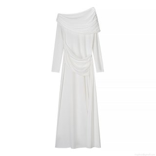 Elegant Women Off Shoulder Asymmetric Ruched Maxi Dress Sexy Long Sleeve Bodycon Polyester Evening Party Streetwear Solid Color White Long Dress