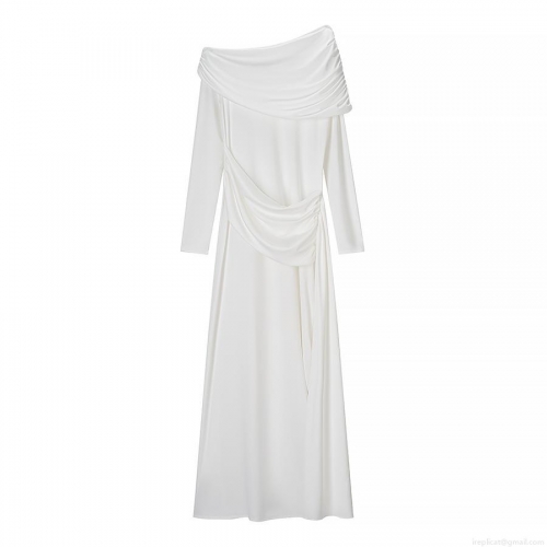 Elegant Women Off Shoulder Asymmetric Ruched Maxi Dress Sexy Long Sleeve Bodycon Polyester Evening Party Streetwear Solid Color White Long Dress