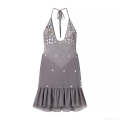 Women Summer Halter Backless Mini Dress 100% Polyester With Shell Buttons Ruffles Sexy Sleeveless Street Style Vacation Party Short Dress Grey