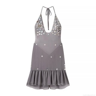Women Summer Halter Backless Mini Dress 100% Polyester With Shell Buttons Ruffles Sexy Sleeveless Street Style Vacation Party Short Dress Grey