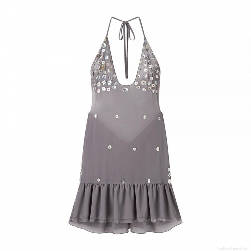Women Summer Halter Backless Mini Dress 100% Polyester With Shell Buttons Ruffles Sexy Sleeveless Street Style Vacation Party Short Dress Grey