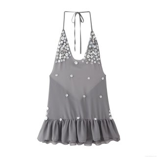 Women's Sexy Halter Backless Shell Decorated Mini Dress Sleeveless Ruffle Hem Polyester Gray Slim Fit Party Vacation Streetwear Dress