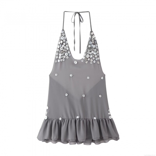 Women's Sexy Halter Backless Shell Decorated Mini Dress Sleeveless Ruffle Hem Polyester Gray Slim Fit Party Vacation Streetwear Dress
